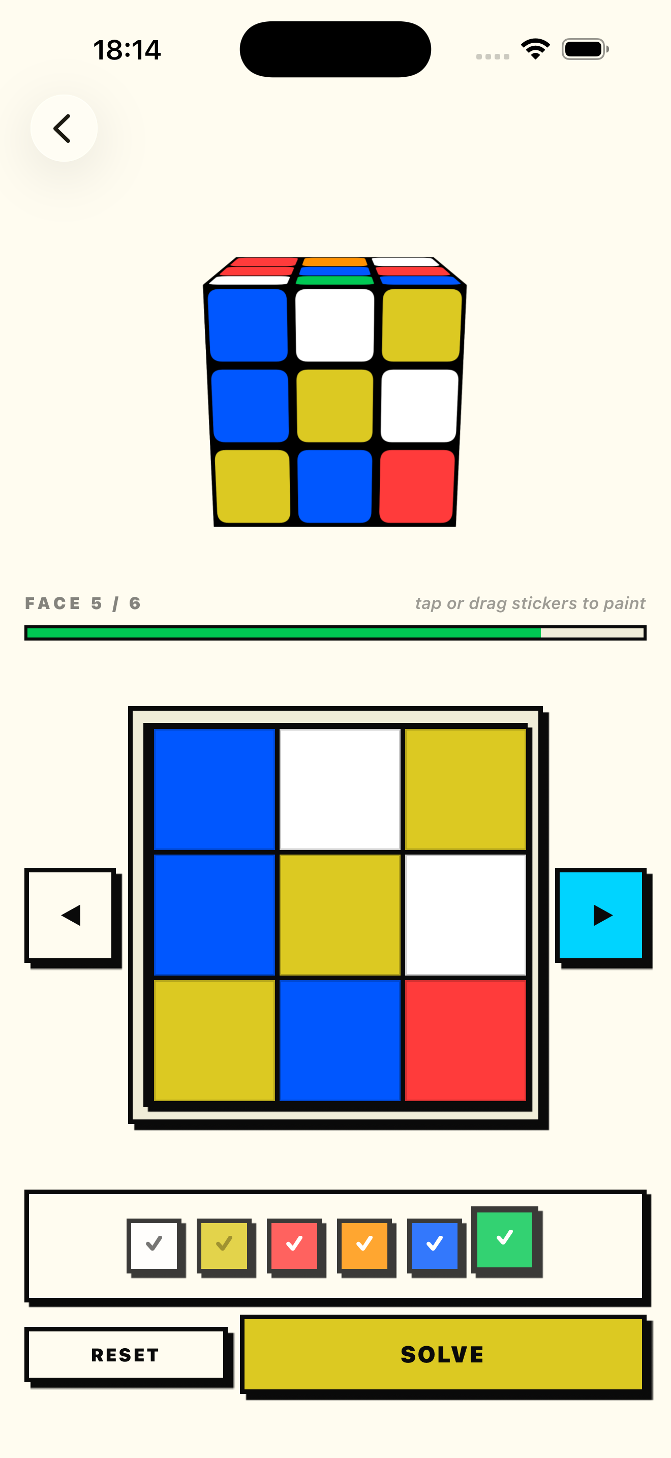 Rubik's Cube Solver app interface showing 3D step-by-step solution